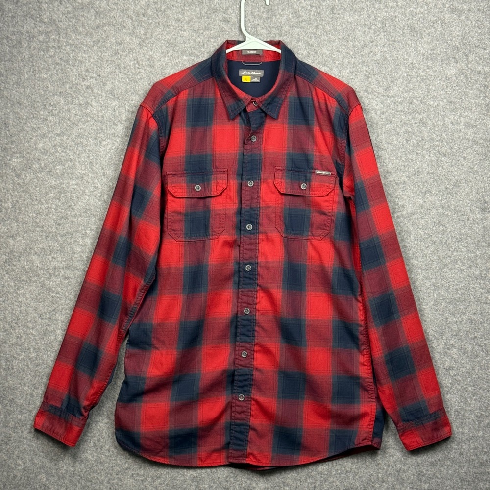 Eddie Bauer Men's Red Navy Plaid Classic Fit Long Sleeve Button Up Shirt TL